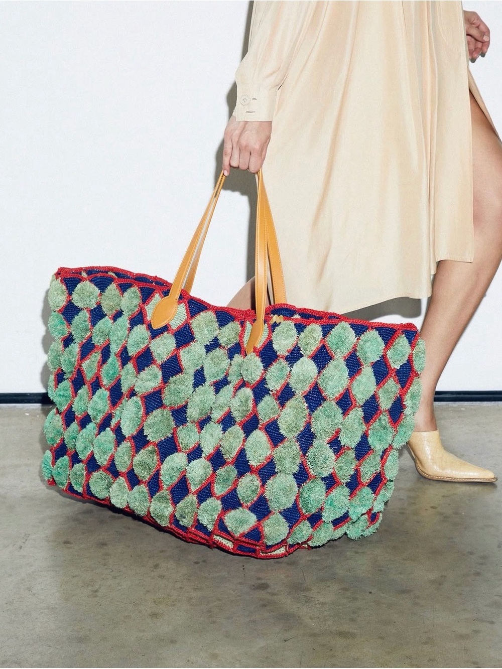 Textured Green Pom-Pom Tote with Tan Handles